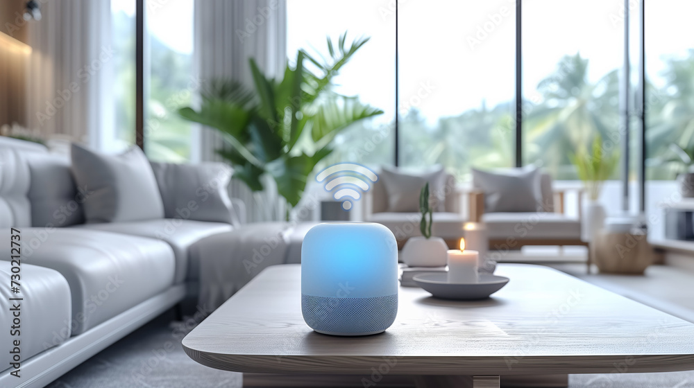 A smart speaker, on a table with a wifi icon in the background of happy people on the sofa listening to music A smart speaker, on a table with a wifi icon in the background of happy people on the sofa listening to music