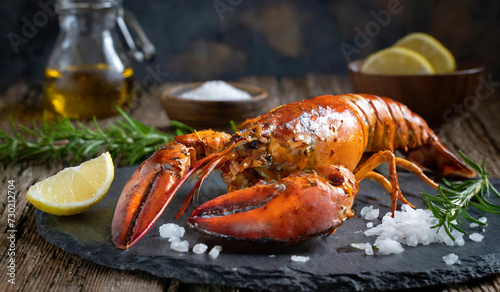 Canadian lobster grilled with grilled In a grill with flames 