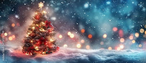 Christmas and holiday themed greetings in a card, frame, or banner with a snowy backdrop, including a Christmas tree, lights, and winter elements for a festive and cozy feel. New Year's and Noel © 2rogan