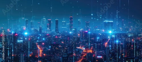Smart night city with advanced infrastructure and big data displayed on a 3D-rendered banner.