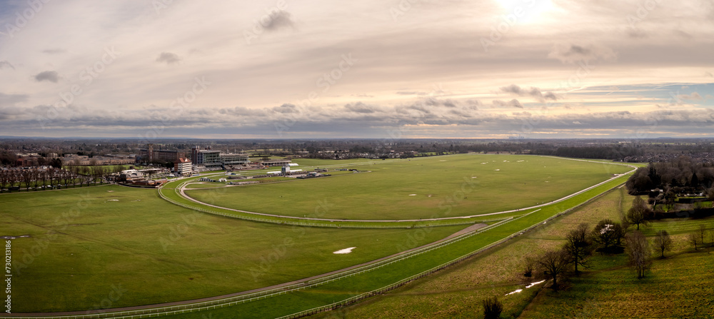 Aerial view above York Racecourse showing the whole circuit and buildings