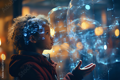 Child's Gaze: Wonders of Science and Technology. An awe-inspired child interacts with futuristic technology, representing curiosity and the boundless possibilities of the tech world