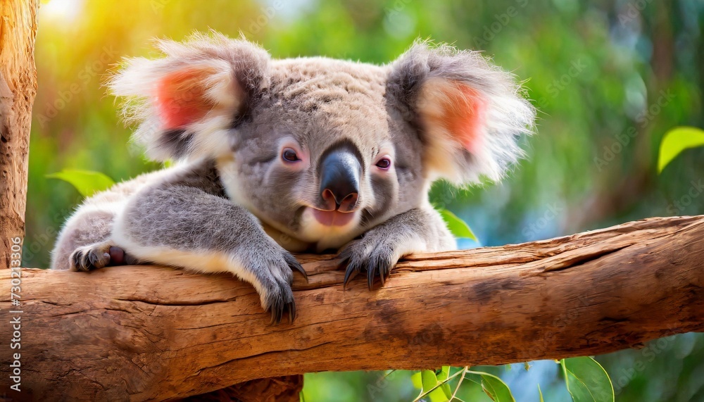 Fototapeta premium Funny little koala lying down on branch. Wild animal.