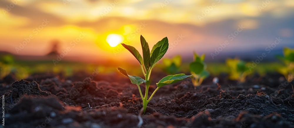Young plants are growing from the rich soil to the morning sunlight. Ecology concept. Young plants are growing from the rich soil to the morning sunlight. Ecology concept.