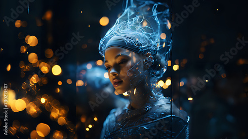Enigmatic Cybernetic EntityA captivating image of a cybernetic entity with an intricate headpiece, a blend of human traits and advanced technology, perfect for futuristic narratives.