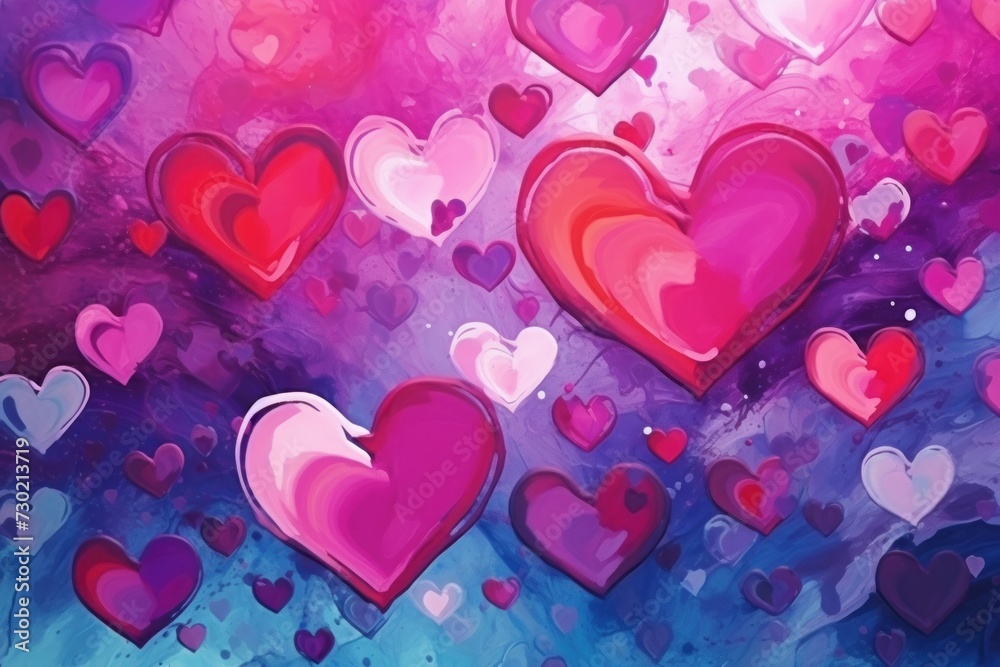 Bright colorful background of hearts, made in the style of liquid ink. Festive background for Valentine's Day, Birthday, wedding.