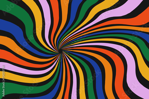 Psychedelic distorted twisted colorful ray pattern on black background. Groovy abstract design in 60-70s style. Retro sunburst backdrop