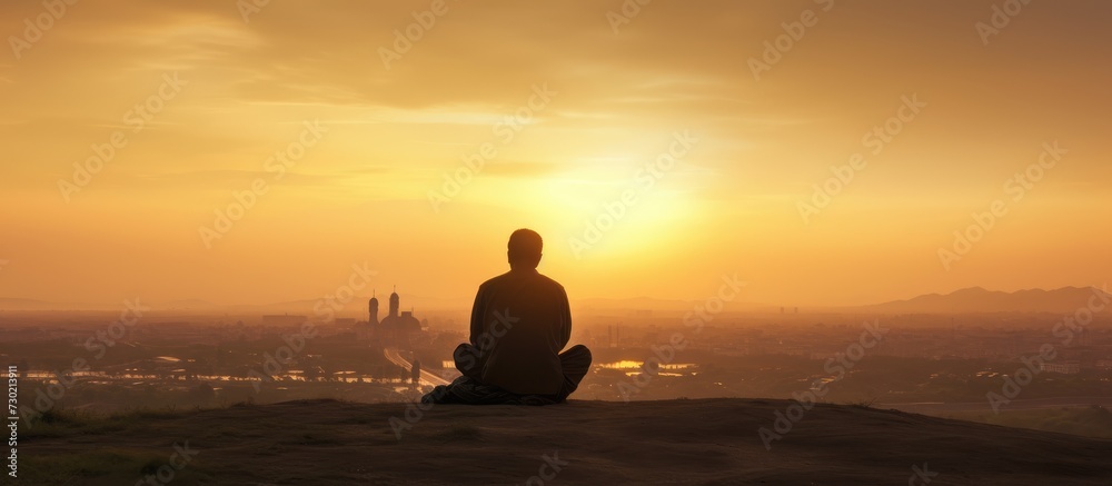 Silhouette of muslim man praying over sunset background.