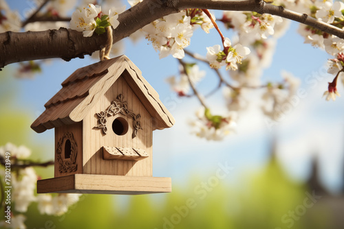 Little birdhouse hanging on a tree branch