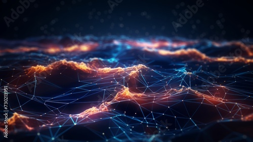 Interconnected cyber big data flow with blockchain fields: network lines representing ai technology, digital communication, science research - 3d illustration of neural cells