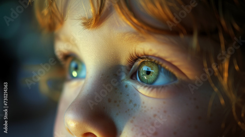 Closeup of a boy's fascinated green eyes with beautiful eye lashes, freckles and red hair © JJ1990
