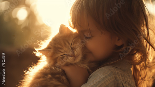 Child cuddling with fluffy family cat