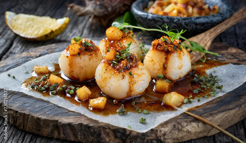Tawa Scallops pan seared king scallops marinated with tamarind chutney and secret spice mix served along with roasted local pineapple relish photo