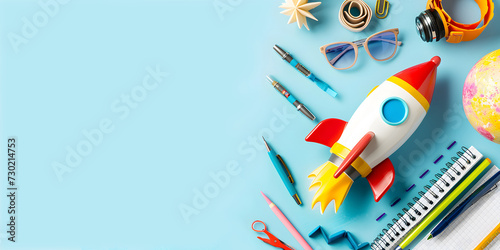 School stationery with spaceship toy surrounded by various items on blue background. Creative idea for new academic year celebration on table