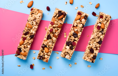 Different Energy protein bars with nuts and fruits on the background