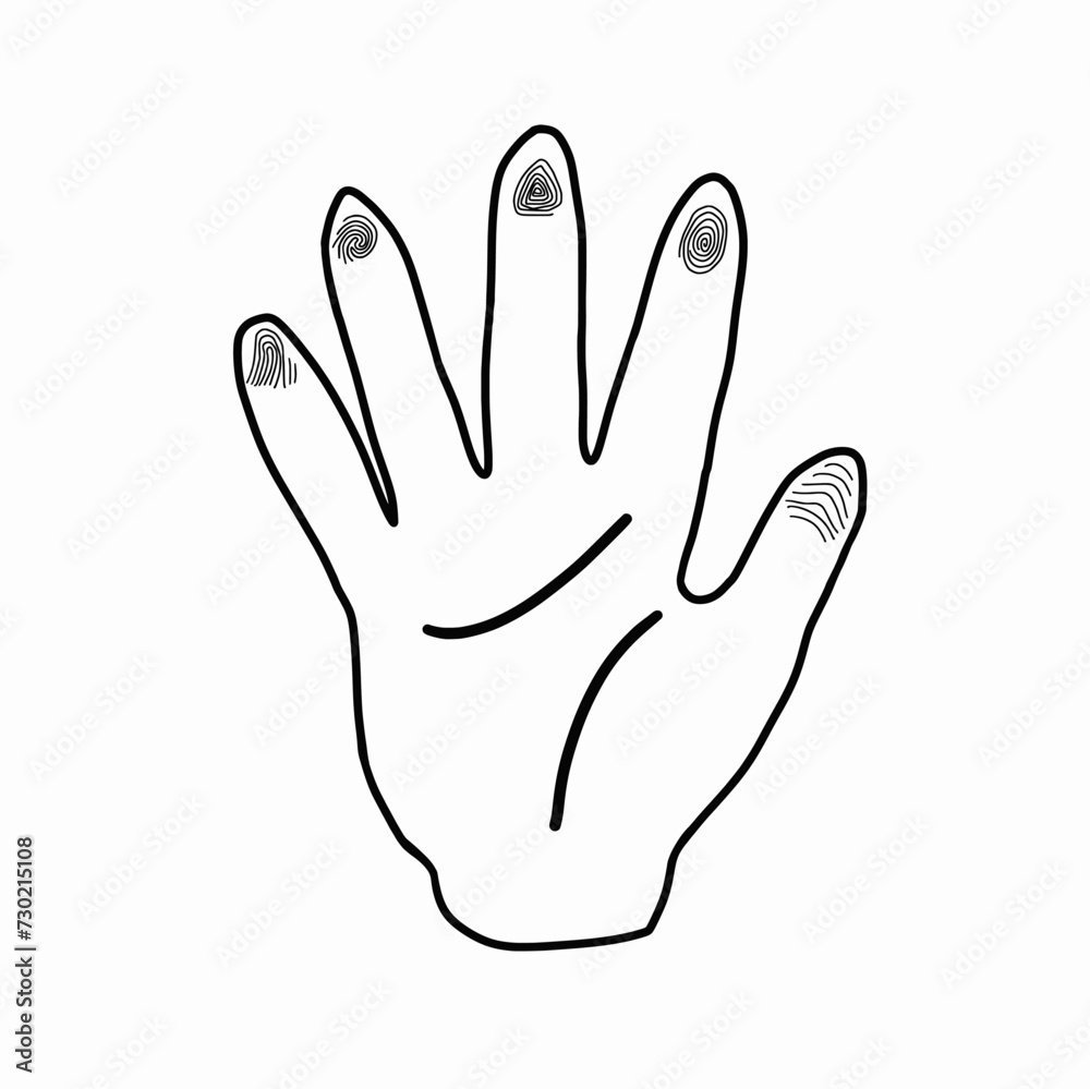 Vector illustration of hands with various fingerprints, hand symbols, Cartoon doodle line art hand drawn isolated on white background. Vector illustration of hands with various fingerprints, hand symbols, Cartoon doodle line art hand drawn isolated on white background.
