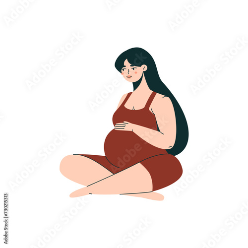 Happy pregnant woman. Cartoon female character with child in belly, expecting mom with tummy, maternity and motherhood concept. Vector illustration