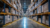 Perspective view of a long aisle in a well-organized industrial warehouse