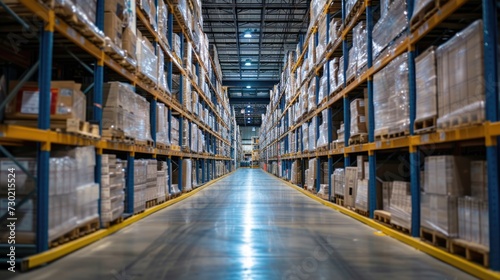 Perspective view of a long aisle in a well-organized industrial warehouse
