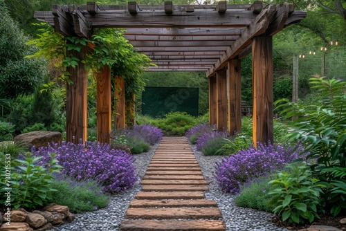 Stylish Wooden gazebo in a beautiful green garden