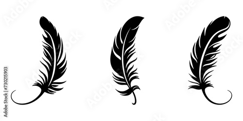 Black fluffy feather. Hand drawing vintage art realistic quill feathers for pen detailed isolated vector elegant silhouette sketch bird plume set