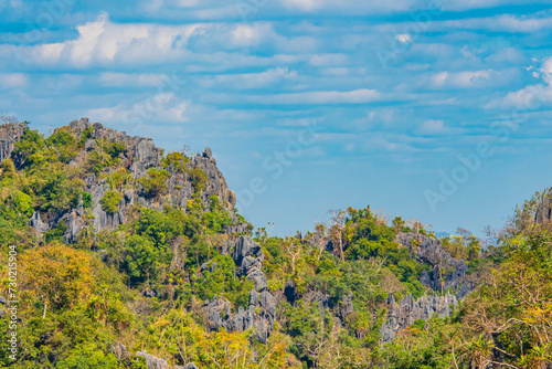 Aerial panorama of Thailand's National Park, there is a well-known tourist destination with views of the forest and limestone mountain.