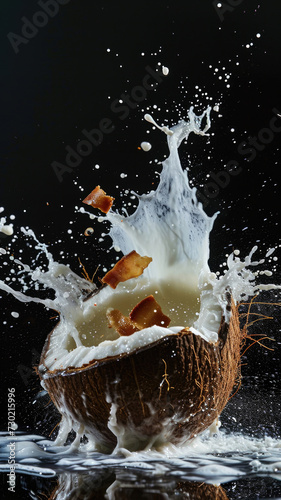 Dynamic splash capturing milk bursting from cracked coconut, food background