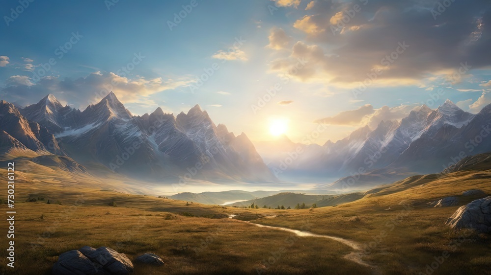Golden sunset over majestic mountain peaks. Ideal for travel, nature themes. Sharp, dramatic landscape