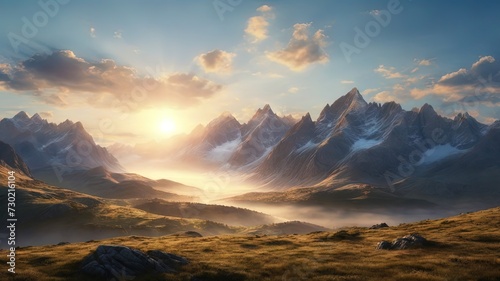 Golden sunset over majestic mountain peaks. Ideal for travel, nature themes. Sharp, dramatic landscape © rex