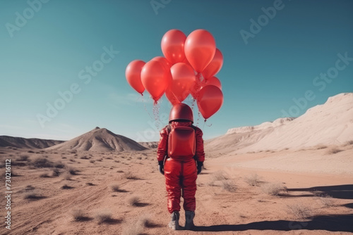 Back view of Astronaut with red balloons in barren desert, ethereal landscape