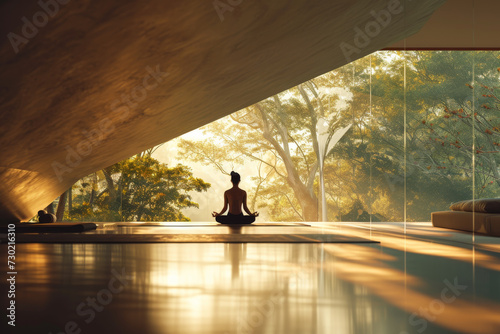 Woman doing yoga by sitting in lotus position in a serene calm and relaxing park temple environment 