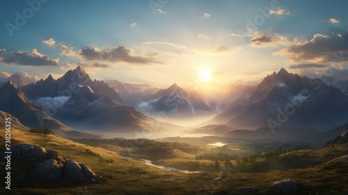 Golden sunset over majestic mountain peaks. Ideal for travel, nature themes. Sharp, dramatic landscape © rex