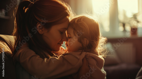 Happy mother cuddling with her toddler daughter child at beautiful sunset setting