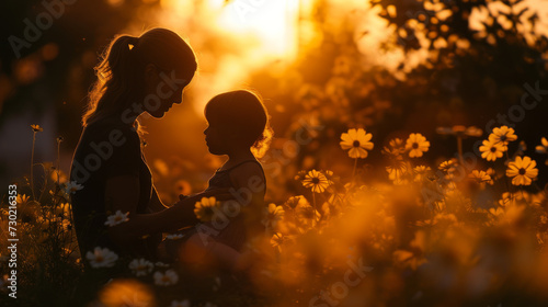 Happy mother cuddling with her toddler daughter child at beautiful sunset setting in the garden full of flowers