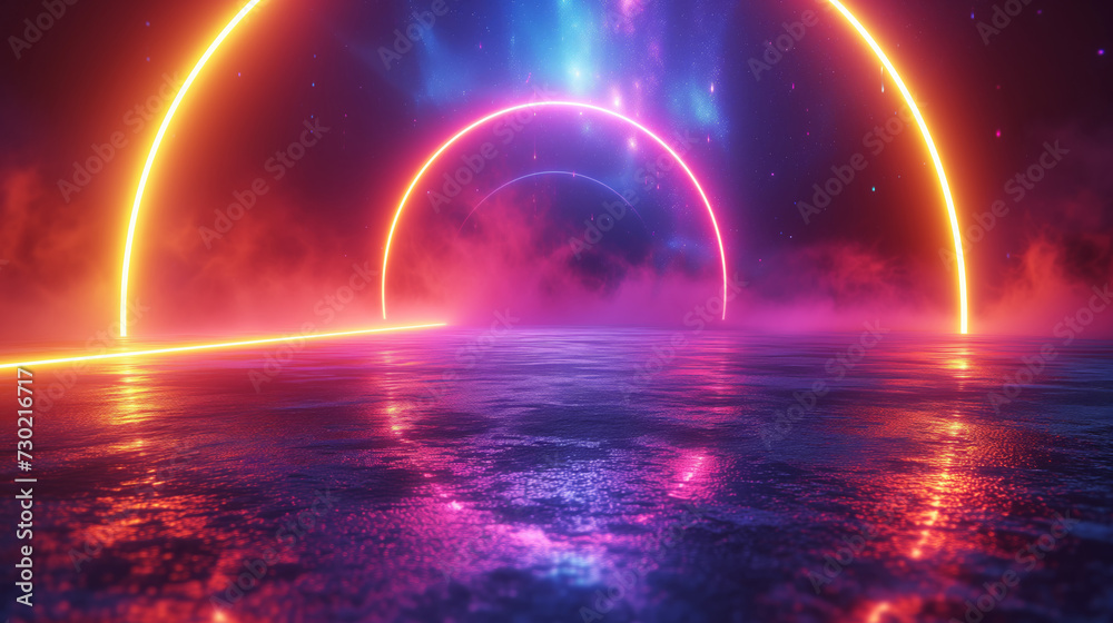 Neon glowing circle on water in fog, a place for your text conceptual photo Neon glowing circle on water in fog, a place for your text conceptual photo