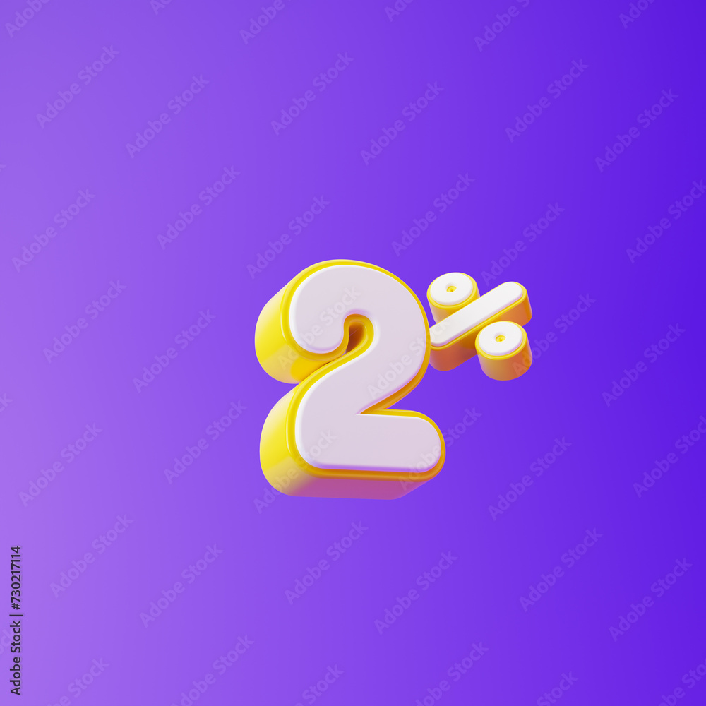 White two percent or 2 % with yellow outline isolated over purple background. 3D rendering. White two percent or 2 % with yellow outline isolated over purple background. 3D rendering.