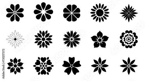 set of black and white flowers roses leaf floral nature tree oak icons vector illustration  #730217372