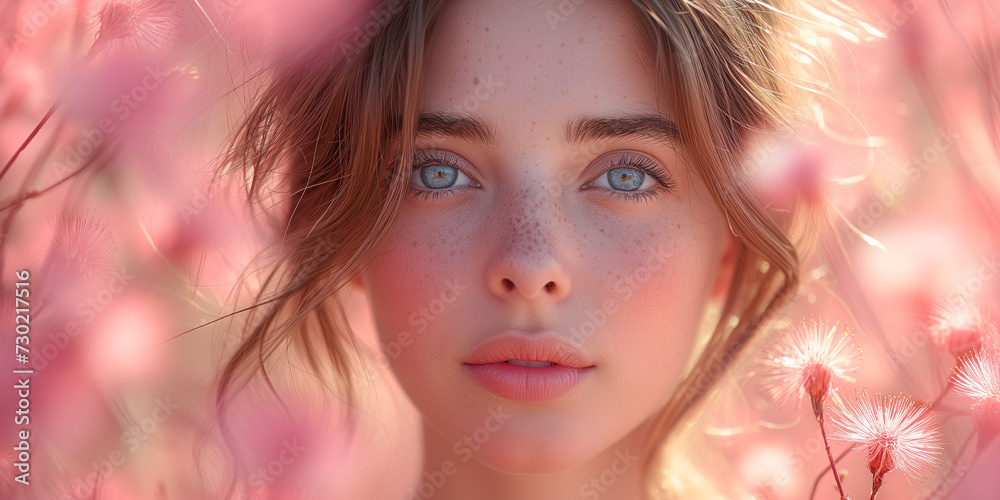 Hübsches Gesicht einer Frau mit pink farbigen Blumen als Hintergrund in Nahaufnahme Hübsches Gesicht einer Frau mit pink farbigen Blumen als Hintergrund in Nahaufnahme