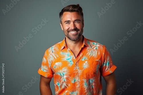 Wallpaper Mural Handsome man in summer shirt smiling at camera over grey background Torontodigital.ca