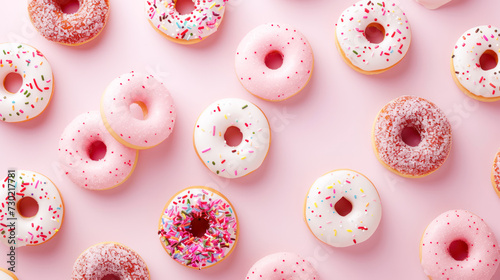 Yummy vanilla cake donuts with pink icing and sprinkles on pastel pink background. Top view, flat lay. Sweet and colorful doughnuts pattern background for bakery, confectionery, pastry, cafe menu