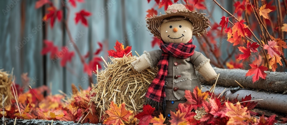 Thanksgiving joy with scarecrow, hay bale, and autumn leaves.