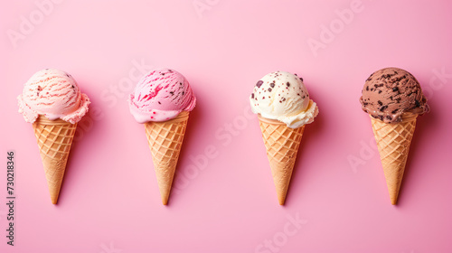 Various delicious ice cream flavors in waffle cones chocolate, strawberry, almond and cherry setup on trendy pink background. Summer and Sweet ice cream corns background.