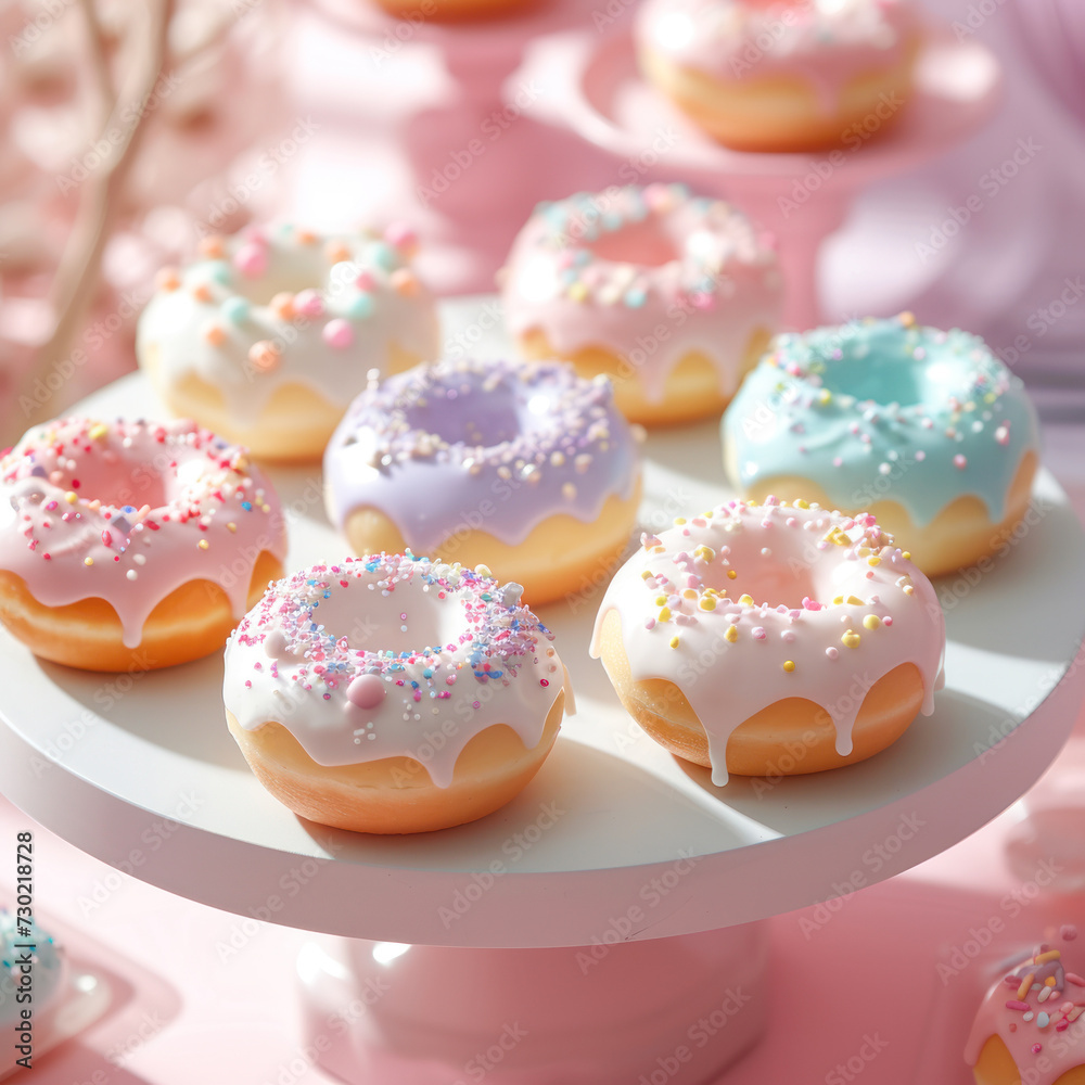 Yummy vanilla cake donuts with pink icing and sprinkles on pastel pink background. Side view. Sweet and colorful doughnuts on a plate background for bakery, confectionery, pastry, cafe menu. Candy bar