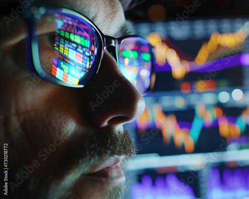 close-up of a person's eye analyzing stock market data charts on digital screen, highlighting focus and analysis in trading of businessman.