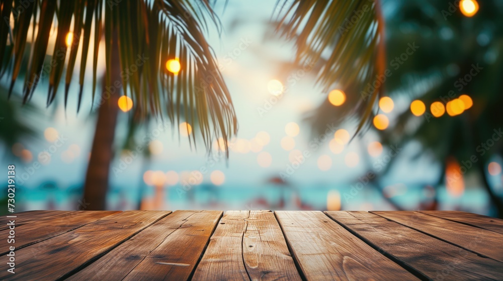 Empty wooden table and palm leaves with blur beach on background in summer time, can be used for product placement, generative ai - obrazy, fototapety, plakaty 