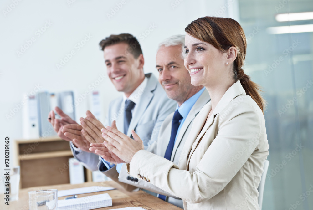 Obraz premium Business people, applause and support for success with pride and audience at presentation or seminar. Clapping hands, congratulations and team praise, workshop in conference room for winner or reward