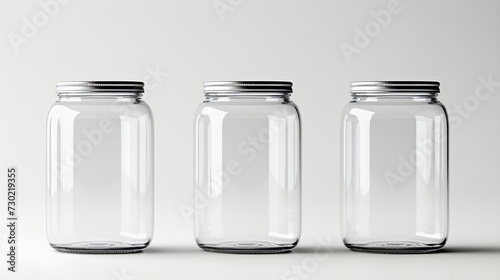 Mockup of an empty glass jar on a light background. Set of cans. Generative AI