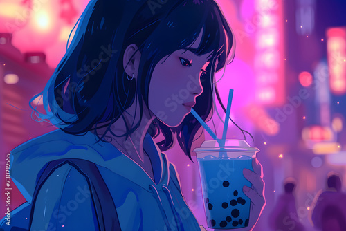 girl drinking boba tea with tapioca balls on neon background photo