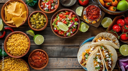 A colorful Cinco de Mayo spread featuring tacos, salsa, and assorted side dishes