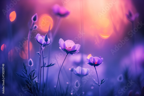 Purple wildflowers glowing in twilight, illuminated by soft lights, create a magical atmosphere. Ideal for themes of nature, beauty, and tranquility.  © Andrey